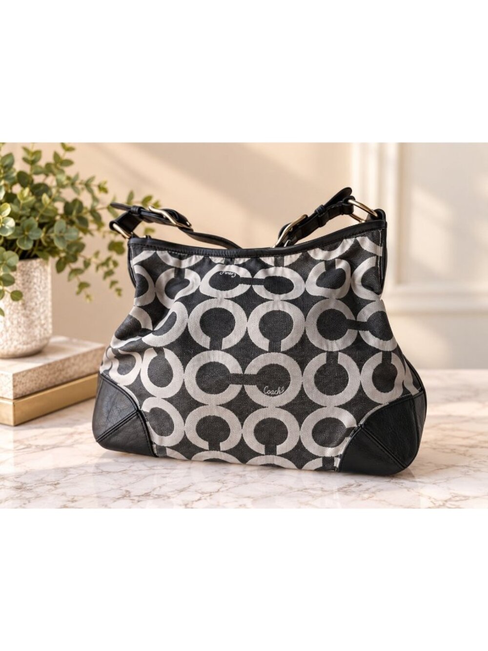 Coach Peyton Op Art 14512 Hobo Shoulder Bag Black Gray Jacquard Leather Y2K